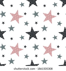 
Abstract pattern with multi-colored stars of different sizes on a white background. Vector illustration.