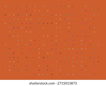 Abstract pattern of multicoloured stars scattered across a solid burnt orange background, creating visual texture.