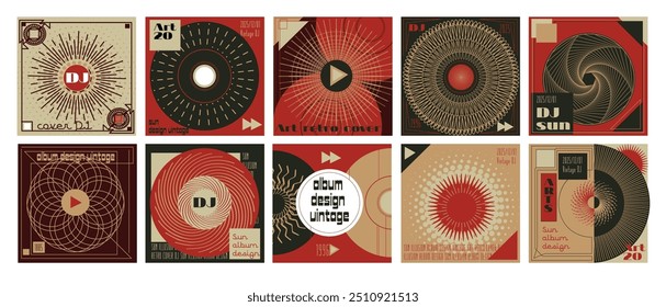 Abstract pattern. Music album. Sun illusion texture vintage design. Art brochure. DJ cover. Geometric circle swirl. Vinyl discs radial lines. Retro poster. Graphic modern flyer. Vector backgrounds set