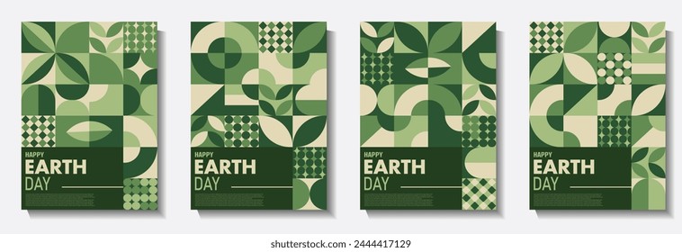 Abstract Pattern Nature Geometric Poster: A Set of Four Eye-Catching Designs for World Earth Day geometric shapes and green color. Modern wallpaper design for social media, cover, brochure