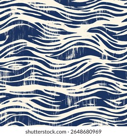 Abstract pattern with navy blue and white lines,  Woodblock print seamless pattern, seamless repeating vector pattern, design and pattern for textile print. Vector illustration.
