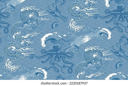 
Abstract pattern of octopus and sea voyages.  In style Toile de Jou. Vector illustration. Suitable for fabric, wrapping paper, mural and the like