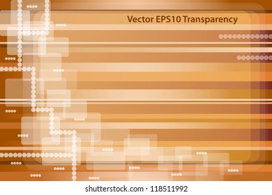 Abstract pattern on a gold and brown striped background with transparent squares and circles. Copy space for text. Raster version also available.