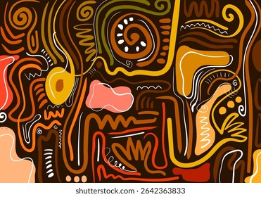 abstract pattern on a light brown background, featuring a mix of organic and geometric shapes, spirals, wavy lines