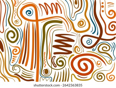 abstract pattern on a light brown background, featuring a mix of organic and geometric shapes, spirals, wavy lines