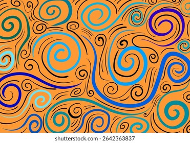 abstract pattern on a light brown background, featuring a mix of organic and geometric shapes, spirals, wavy lines