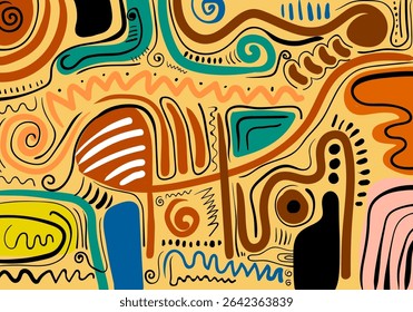 abstract pattern on a light brown background, featuring a mix of organic and geometric shapes, spirals, wavy lines