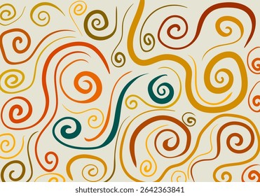 abstract pattern on a light brown background, featuring a mix of organic and geometric shapes, spirals, wavy lines