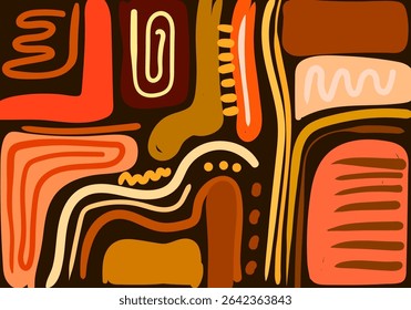 abstract pattern on a light brown background, featuring a mix of organic and geometric shapes, spirals, wavy lines