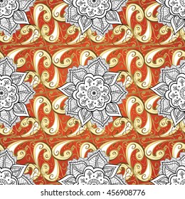 abstract pattern on orange yellow background with floral golden elements. Vector illustration. Pattern background.