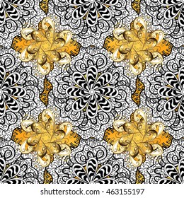 abstract pattern on orange yellow background with floral golden elements. Vector illustration. Pattern background.