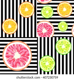 Abstract pattern on a striped background of citrus (orange, grapefruit, lime  lemon), seamless pattern, trendy stylish texture spring summer, color  vector prints set