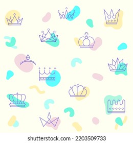 Abstract pattern on the theme of crown, king, queen, jewelry, logo, luxury, royal, imperial, hair wear and more. 
simple color icons on beige background.
