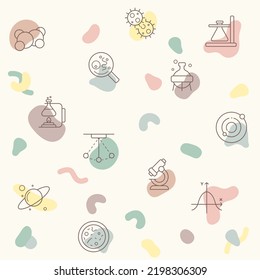 Abstract pattern on the theme of science, atom, molecule, laboratory, planet, physics, experiment, microscope, chemical and more. 
simple color icons on beige background.