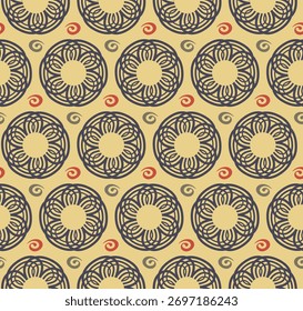 Abstract pattern on a yellow background of circles and colored swirls.