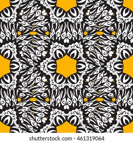 Abstract pattern on yellow background with floral golden elements. Vector illustration. Pattern background.