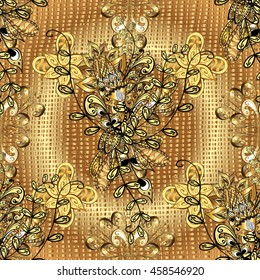 abstract pattern on yellow and golden round gradient background with floral golden elements. Vector illustration.