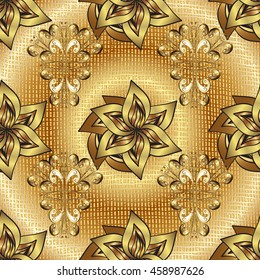 Abstract pattern on yellow and golden round gradient background with floral golden elements. Vector illustration.