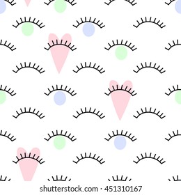 Abstract pattern with open and winking eyes with pink hearts. Cute eyelashes background illustration. Fashion design for textile, wallpaper, fabric etc.