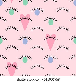 Abstract pattern with open and winking eyes with hearts on pink background. Cute eyelashes background illustration. Fashion design for textile, wallpaper, fabric etc.