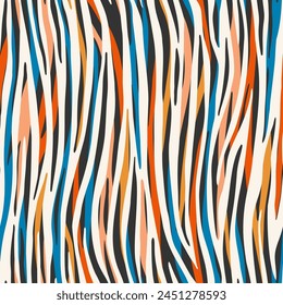 Abstract pattern with orange, blue, and black stripes. Seamless vector print suitable for surface design as fabric, apparel, wallpaper, wrapping paper.