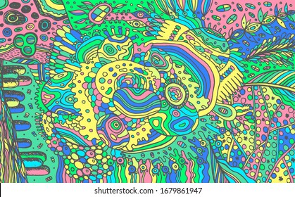 Abstract pattern. Organic elements - coloful cartoonish illustration. Psychedelic and stoner style. Doodle floral ornament. Art for relaxation. Line drawing. Vector artwork.