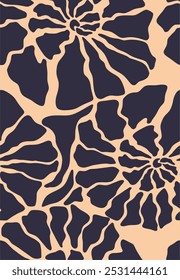 abstract pattern with organic shapes in blue on a beige background. The shapes resemble petals or stylized leaves