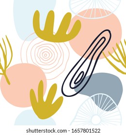 Abstract pattern with organic shapes in pastel colors mustard yellow, pink. Organic background with spots. Collage seamless pattern with nature texture. Modern textile, wrapping paper, wall art design