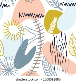 Abstract pattern with organic shapes in pastel colors. Vector organic background with spots memphis style. Collage seamless pattern wood,nature texture. Modern textile,wrapping paper, wall art design