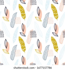 Abstract pattern with organic shapes in pastel colors mustard yellow, pink. Organic background with spots and leaves. Collage seamless pattern with nature texture.  