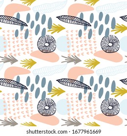 Abstract pattern with organic shapes in pastel colors mustard yellow, pink. Organic background with spots. Collage seamless pattern with nature texture. Modern textile, wrapping paper, wall art design