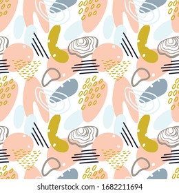 Abstract pattern with organic shapes in pastel colors mustard yellow, pink. Organic background with spots. Collage seamless pattern with nature texture. Modern textile, wrapping paper, wall art design