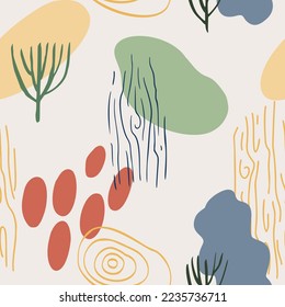 Abstract pattern with organic shapes, plants, nature texture. Organic spots background. Collage seamless pattern with nature texture. Trendy vector graphic print for cover, social media, wall art.