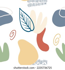 Abstract pattern with organic shapes, plants, nature texture. Organic spots background. Collage seamless pattern with nature texture. Trendy vector graphic print for cover, social media, wall art.