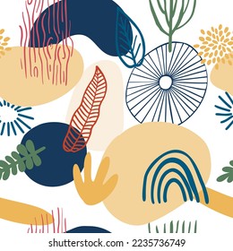 Patrón abstracto con formas orgánicas, plantas, textura natural. Fondo de manchas orgánicas. Collage sin fisuras con textura natural. Impresión gráfica vectorial de moda para portada, medios sociales, arte mural.