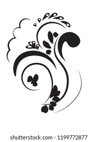 the abstract pattern, ornament, branches and petals black on a white background