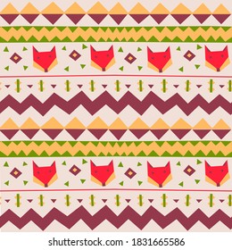 Abstract pattern with ornament fox on white background, Illustration for fabric design.