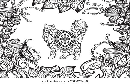 Abstract pattern with ornate cat. Hand drawn abstract patterns on isolation background. Design for spiritual relaxation for adults. Black and white illustration
