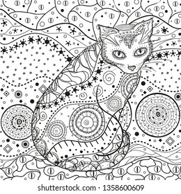 Abstract pattern with ornate cat. Square mandala. Hand drawn patterns on isolation background. Design for spiritual relaxation for adults. Black and white illustration for coloring