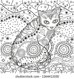 Abstract pattern with ornate cat. Square mandala. Hand drawn patterns on isolation background. Design for spiritual relaxation for adults. Black and white illustration for coloring