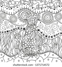 Abstract pattern with ornate cat. Square mandala. Hand drawn patterns on isolation background. Design for spiritual relaxation for adults. Black and white illustration for coloring