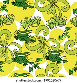 Abstract pattern from outline motifs with curls and floral fantasies of green and yellow color on a white background vector illustration
