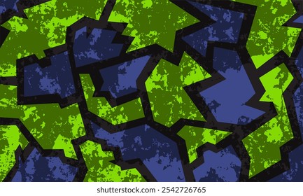Abstract pattern with overlapping green and blue arrows, featuring a grunge texture and bold black outlines.