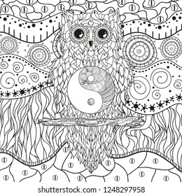 Abstract pattern with owl on isolated white. Zentangle. Hand drawn abstract patterns on isolation background. Design for spiritual relaxation for adults. Black and white illustration