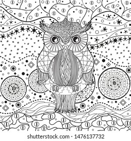 Abstract pattern with owl on white. Hand drawn ornate patterns on isolation background. Design for spiritual relaxation for adults. Black and white illustration for coloring