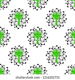 Abstract pattern with palm tree and ornamental motifs. Seamless background. Decorative texture for design of surfaces. Vector illustration.