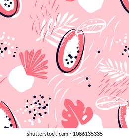 Abstract pattern with papaya and tropical plants on pink background. Ornament for textile and wrapping. Vector.
