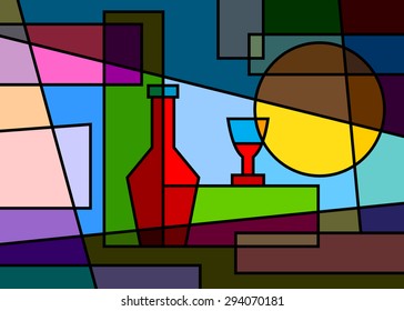 An abstract pattern a party, a bottle with wine