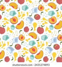 Abstract pattern with peach and ice cube pattern in flat style. Vector background. Fresh Seamless pattern. Summer time print. For vape, juice or ice cream background.