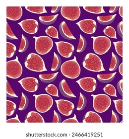 Abstract pattern of pieces of figs on a dark background. Seamless pattern with figs. Wrapping paper, textile, packaging, vector illustration